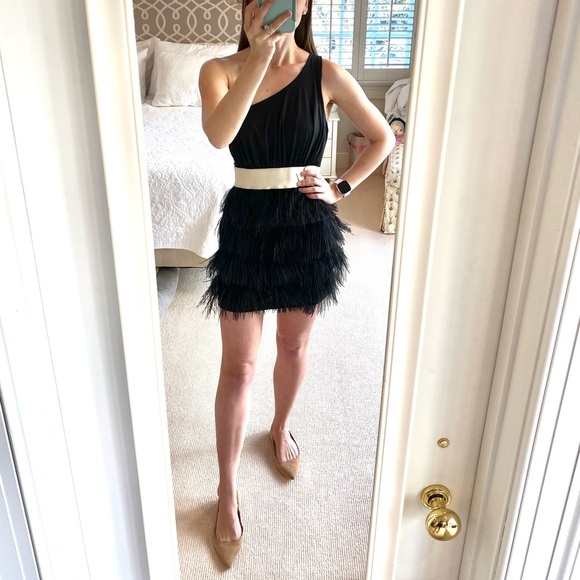 KARLIE Tuckernuck One Shoulder Tiered Black Feather Mini Dress Cocktail Party - Picture 1 of 12